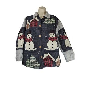 Vintage Patch Magic SZ S Handmade Quilted Reversible Jacket Snowman Houses Artsy